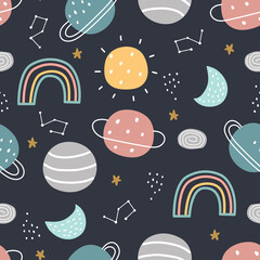 Fototapeta premium Space and stars seamless pattern for kids Hand drawn star background in cartoon style for print, wallpaper, decoration, fabric, textile, vector illustration.