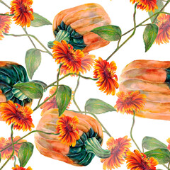 Watercolor seamless pattern with sunflowers and pumpkin on white backgroun.