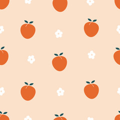 Peach seamless pattern hand drawn fruit background in children's style Used for printing, wallpaper, decoration, textile vector illustration.