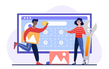 Interface design concept. Man and woman develop visual part of application or website. User interface for digital product. Characters design web page. Cartoon colorful flat vector illustration