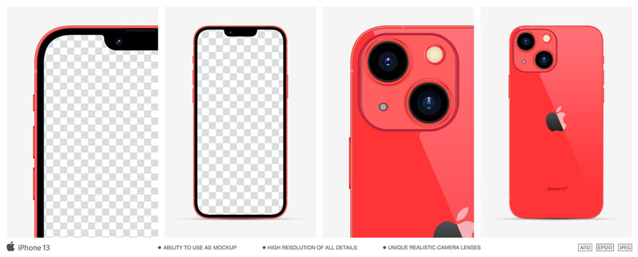 MOSCOW, RUSSIA - NOVEMBER 01, 2021: New iPhone 13 Red color by Apple Inc. Mock-up screen iphone and back side iphone. Vector illustration Ai10, EPS10	