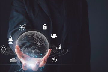 Technology Internet, multimedia, Storage Network connection and metaverse Concept. Businessman holding globa cyber and a large database big data through internet.