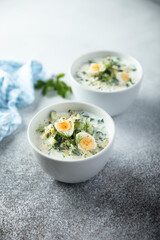 Cold yogurt soup with cucumber and quail eggs