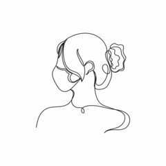 Vector continuous one single line drawing icon of woman face in protective medical mask in silhouette on a white background. Linear stylized.