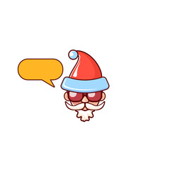 Santa Claus head with Santa red hat and hipster sunglasses and speech bubble isolated on white background. Santa Claus label or sticker design. Christmas greeting card template