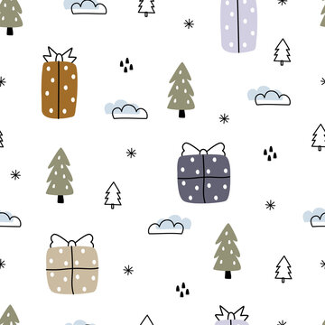 Scandinavian-style Christmas seamless pattern featuring charming hand-drawn gift boxes with polka dots, festive pine trees, clouds, and delicate snowflakes on a clean white background