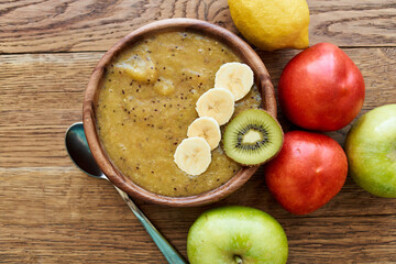 Naklejka na ściany i meble fruit dessert breakfast cereals vitamins organic wood background