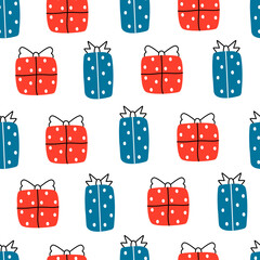 Seamless Christmas Background Vector Pattern With Gift Boxes. Hand drawn design in cartoon style. Use for prints, illustrations, decorative wallpaper, fabrics, textiles, fashion.
