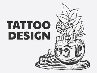 Skull tattoo design overgrown with sunflower plants
