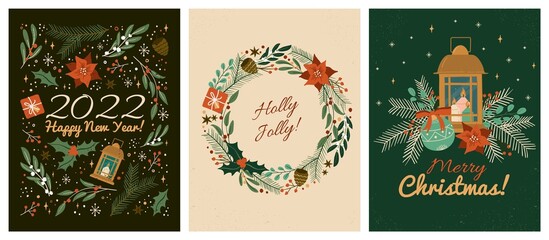 Merry christmas wreath and happy new year greeting cards template. Vector set of winter holiday illustrations in vintage style. Christmas lantern and decoration. 2022 new year hand drawn poster