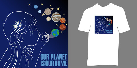 Affiche avec une enfant soufflant dans un ustensile à bulle de savon, la planète terre et les autres planètes du système solaire ainsi que son application commerciale sur un T-shirt.