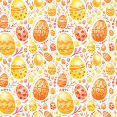 Watercolor seamless Easter pattern with yellow, orange eggs and cute flowers and branches on white background isolated. Cute easter texture for your design.