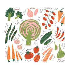 Vegetables doodle set. Simple autumn harvest, vegetarianism. Naive scandinavian style.