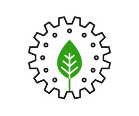 Leaf and gear wheel. Green power and alternative energy source, industry and nature, environment and ecology vector icon.