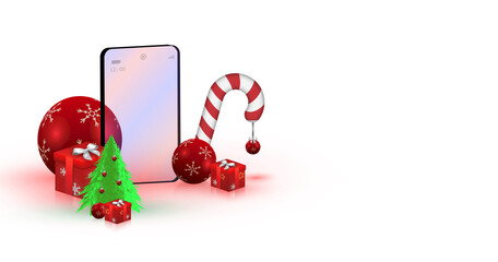 Happy New Year, Merry Christmas, vector art of a red ball and a gift box, with a green Christmas tree Greetings for the New Year from your smartphone