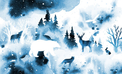Aquarel winter mistige vector landschap met dieren. Bos, sneeuw, hert, wolf, vos, uil, haas en beer. Illustratie voor poster, ansichtkaart, banner, print