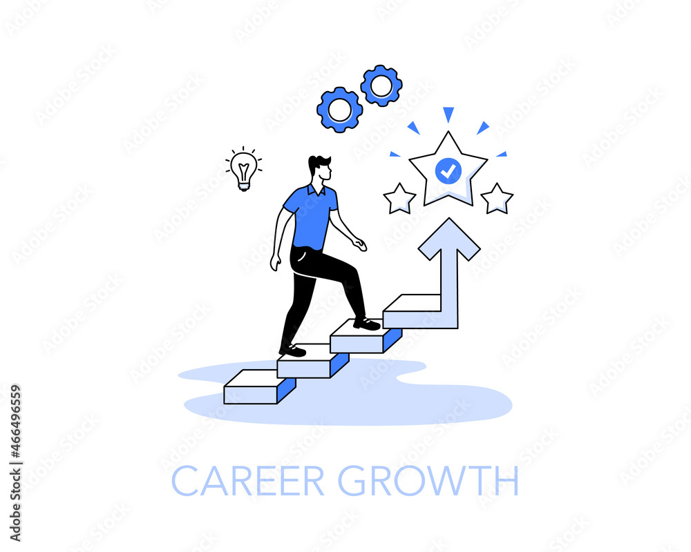 Poster illustration of a career growth with a person walking up the stairs. easy to use for your website or