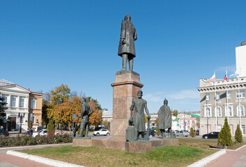 Saratov, Russia. October 13, 2021 View of Radishchev street. Saratov Art Museum. Monument to Stolypin. Administration of the Municipal Formation of the City of Saratov