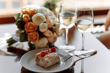 cake with berries, wedding bouquet and glasses of champagne