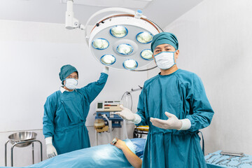 portrait of two surgeons standing in the operating room. Surgery and emergency concept