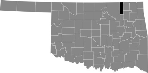 Black highlighted location map of the Washington County inside gray administrative map of the Federal State of Oklahoma, USA