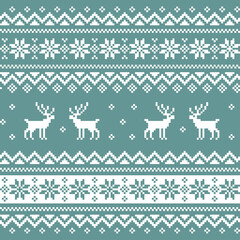 Seamless knitting monochrome pattern with Christmas deers and snowflakes