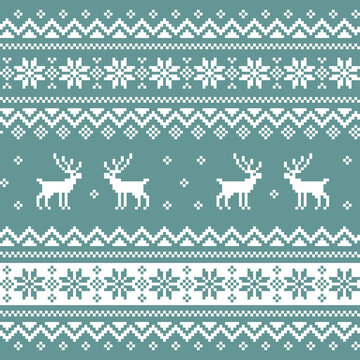 Fototapeta Seamless knitting monochrome pattern with Christmas deers and snowflakes