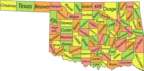 Pastel vector administrative map of the Federal State of Oklahoma, USA with black borders and name tags of its counties