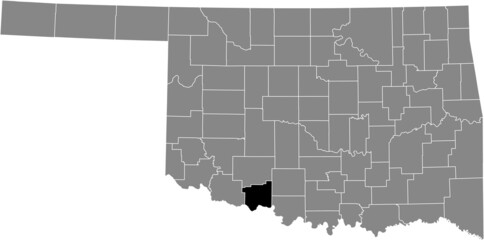 Black highlighted location map of the Cotton County inside gray administrative map of the Federal State of Oklahoma, USA