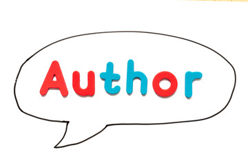 Alphabet letter with word author in black line hand drawing as bubble speech on white board background