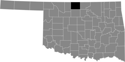 Black highlighted location map of the Grant County inside gray administrative map of the Federal State of Oklahoma, USA
