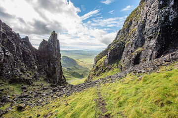 The Quiraing is a landslip on the eastern face of Meall na Suiramach, the northernmost summit of the Trotternish on the Isle of Skye, Scotland. UK.
