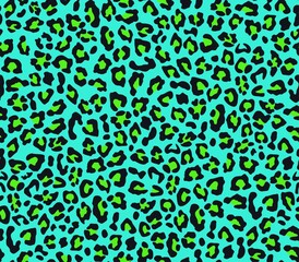 
Leopard vector print, blue background, black green spots, fashionable clothing pattern.