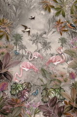wallpaper jungle and tropical forest banana palm and tropical birds, old drawing vintage - obrazy, fototapety, plakaty