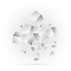 Many flying cubes on a white background. 3d render illustration. Template for Presentation, advertising banner. Geometric design element. eps 10