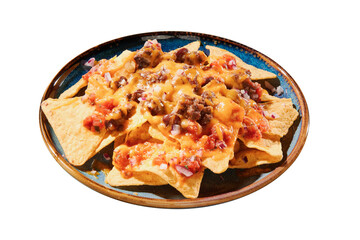 Baked nachos with cheese and chili con carne on a white isolated background. Traditional Mexican food.