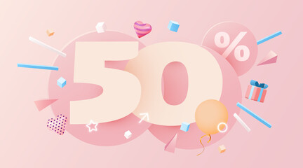 40 percent Off. Discount creative composition. 3d sale symbol with decorative objects, heart shaped balloons and gift box. Sale banner and poster.