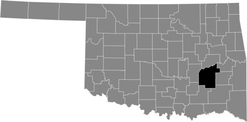 Black highlighted location map of the Pittsburg County inside gray administrative map of the Federal State of Oklahoma, USA