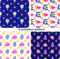 Fototapeta na wymiar Four seamless pattern for kids. Baby print. Flat style childrens background. Vector illustration for baby and kids design, t-shirt print, nursery decoration, post for fabrics, paper, textile, 