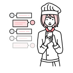 立ってスマートフォンで楽しくチャットで会話する調理師の女性