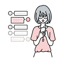 立ってスマートフォンで楽しくチャットで会話する教師の女性