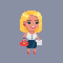 Pixel art girl character. Blonde girl in casual clothes.