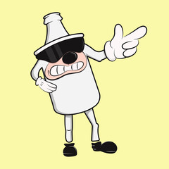 A cartoon bottle stands with an outstretched hand. Sunglasses on the face. 