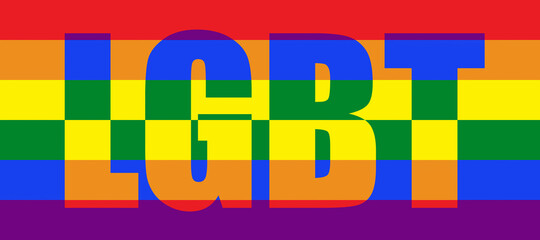 The word "LGBT" is written in multi-colored letters against the background of a six-color flag.