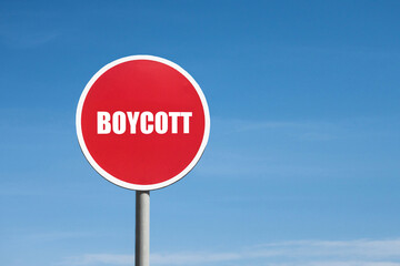 Boycott sign in red round frame on sky background