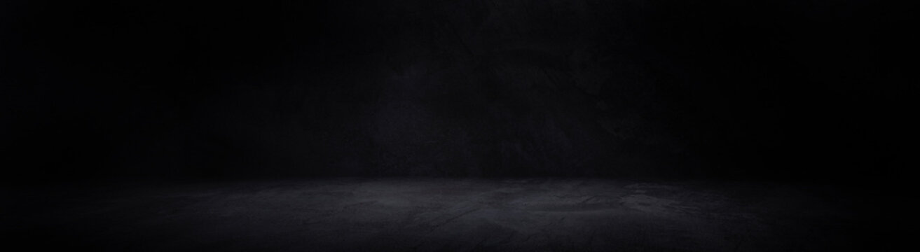 Panorama of black concrete floor and wall  backgrounds, dark room, use for display products.