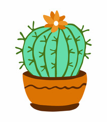 A flowering cactus in a orange decorative ceramic pot. Colorful botanical vector isolated illustration on a white background. Doodle style
