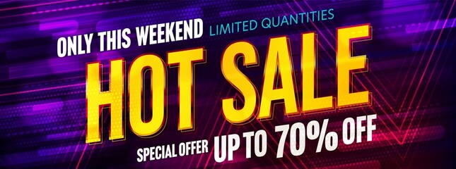 Website header advertising hot sale discount on weekend. Trendy neon web banner template with special offer. Price rebate up to 70 percent off on limited quantities of product. Vector illustration