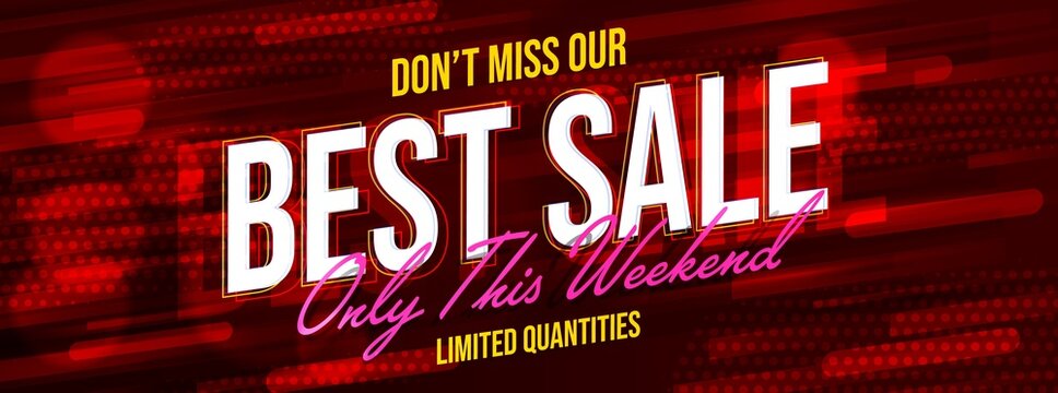 Best sale offer on weekend promotion website header design. Trendy dynamic motion background template with promotional headline advertising limited quantities of cheap product. Vector illustration
