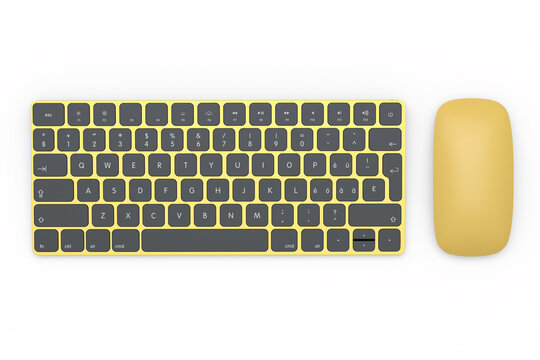 Modern gold aluminum computer keyboard and mouse isolated on white background.